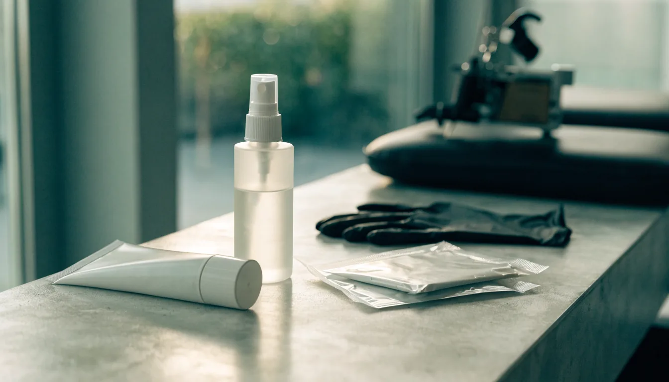 A clean tattoo studio counter with numbing cream, spray and folded gloves laid out