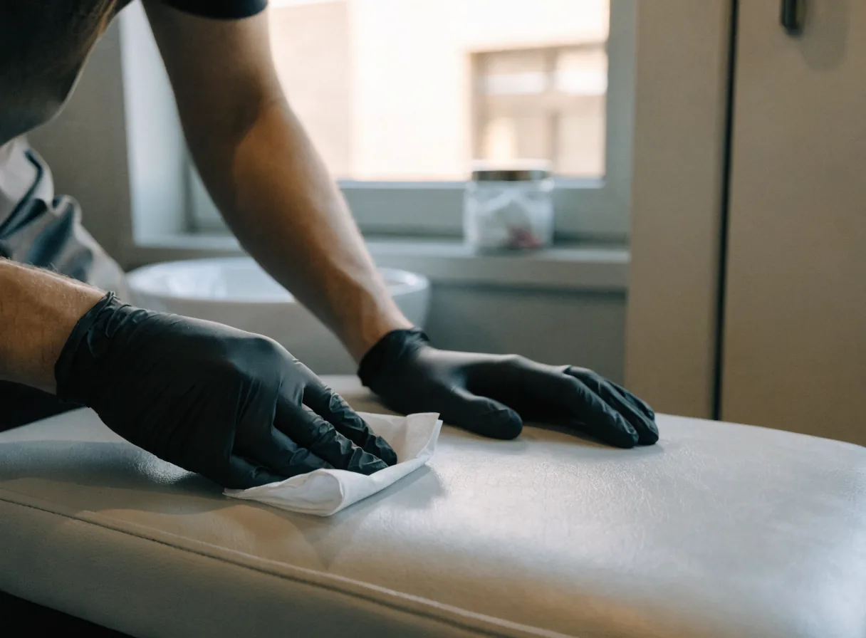 A tattoo artist wiping down an armrest before a session